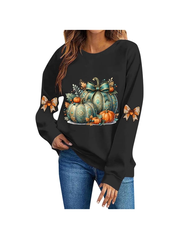 Women Round Neck Pullover Sweatshirt, Long Sleeve Pumpkin Bow Graphic Loose Fit Top, Ribbed Hem Cuffs Soft Sweatshirt Fabric for Fall Family Gathering Black,XL
