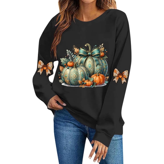 DeeHomeMo Women Round Neck Pullover Sweatshirt, Long Sleeve Pumpkin Bow Graphic Loose Fit Top, Ribbed Hem Cuffs Soft Sweatshirt Fabric for Fall Family Gathering Black,S