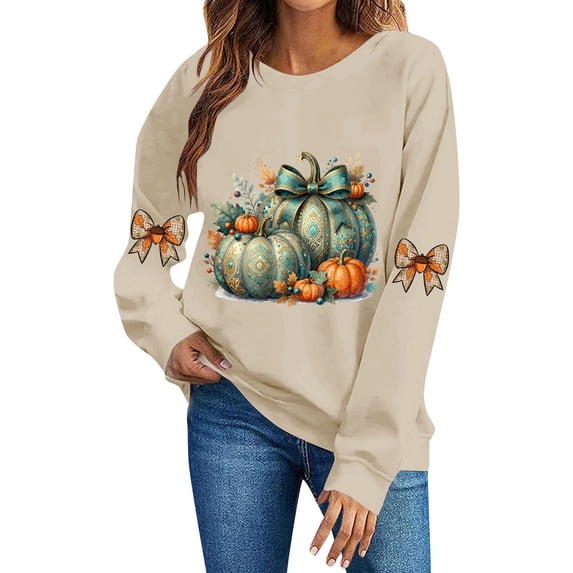 DeeHomeMo Women Round Neck Pullover Sweatshirt, Long Sleeve Pumpkin Bow Graphic Loose Fit Top, Ribbed Hem Cuffs Soft Sweatshirt Fabric for Fall Family Gathering Khaki,S