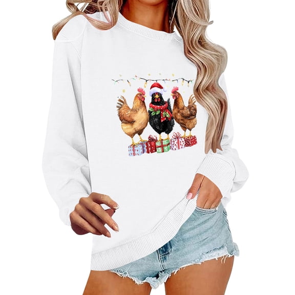 DeeHomeMo Women's Crew Neck Long Sleeve Pullover Sweatshirt Loose Fit Christmas Cartoon Character Front Graphic Tops for Fall Winter Holiday Party Daily Family Meetup White,L