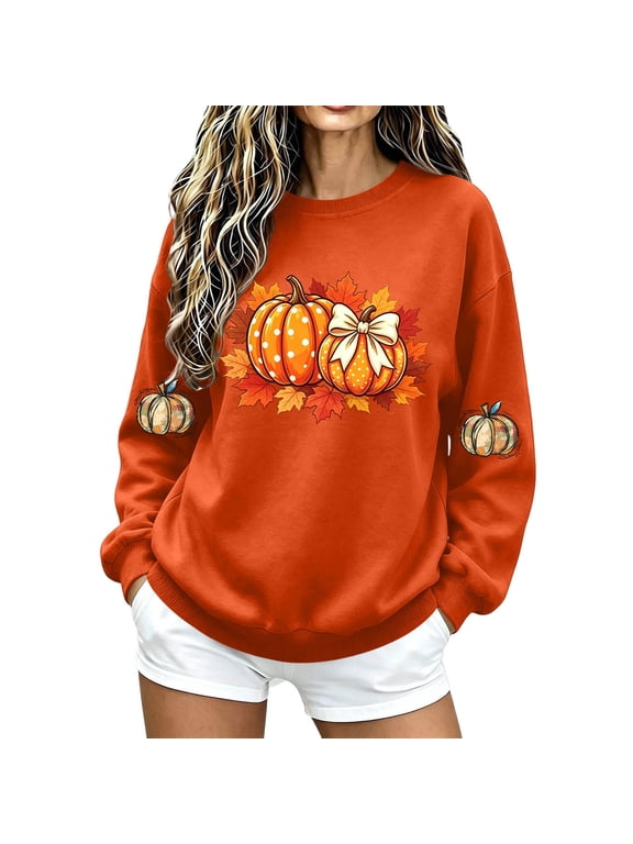 Women's Fall Sweatshirt Crew Neck Long Sleeve Pullover Loose Fit Casual Top with Pumpkin and Sleeve Print Orange,L