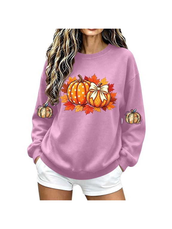 Women's Fall Sweatshirt Crew Neck Long Sleeve Pullover Loose Fit Casual Top with Pumpkin and Sleeve Print Pink,XXL