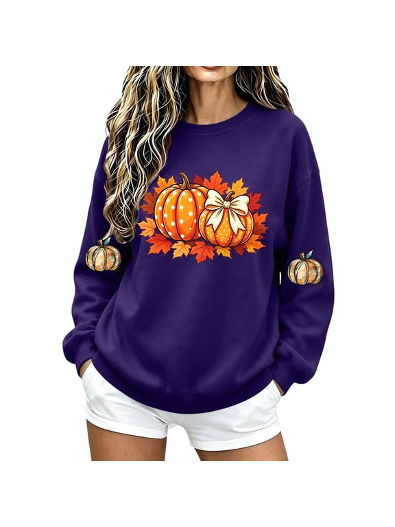 Women's Fall Sweatshirt Crew Neck Long Sleeve Pullover Loose Fit Casual Top with Pumpkin and Sleeve Print Purple,XL