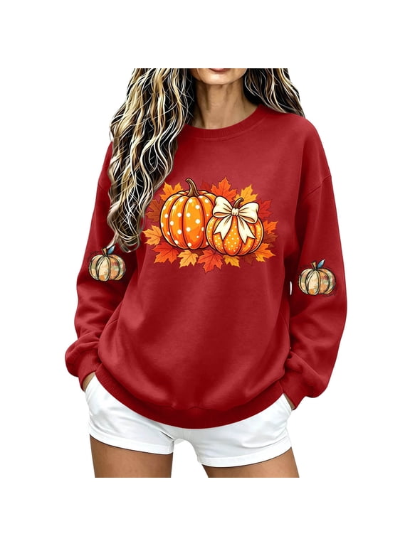Women's Fall Sweatshirt Crew Neck Long Sleeve Pullover Loose Fit Casual Top with Pumpkin and Sleeve Print Red,M