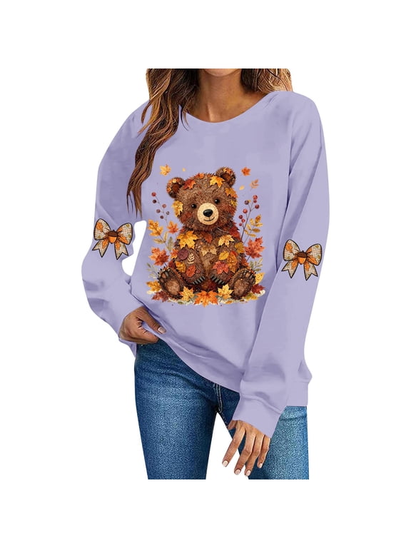 Women's Fall Sweatshirt, Long Sleeve Crewneck Pullover Top with Teddy Bear Autumn Leaves Graphic and Sleeve Bow Prints, Loose Sweatshirt for Thanksgiving Purple,L