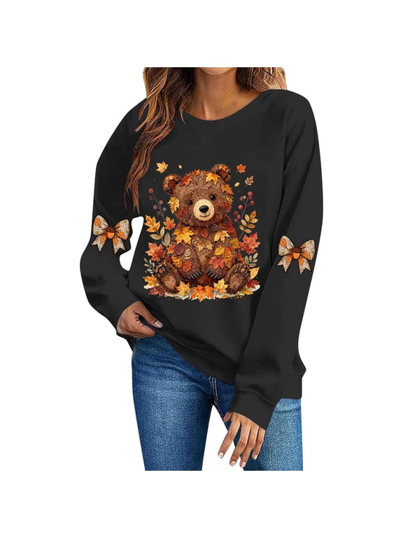 Women's Fall Sweatshirt, Long Sleeve Crewneck Pullover Top with Teddy Bear Autumn Leaves Graphic and Sleeve Bow Prints, Loose Sweatshirt for Thanksgiving Black,L