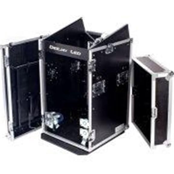 DeeJay  Fly Drive Case 11u Space Slant Mixer Rack & 16u Space Vertical Rack System with Caster Board & Side Table