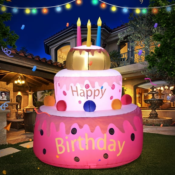 DeeKom 5.5' Inflatables Birthday Cake Outdoor Decorations with Candles, Blow up Decor with LEDs, Happy Birthday Party Outdoor,Indoor,Garden Yard Lawn Decor