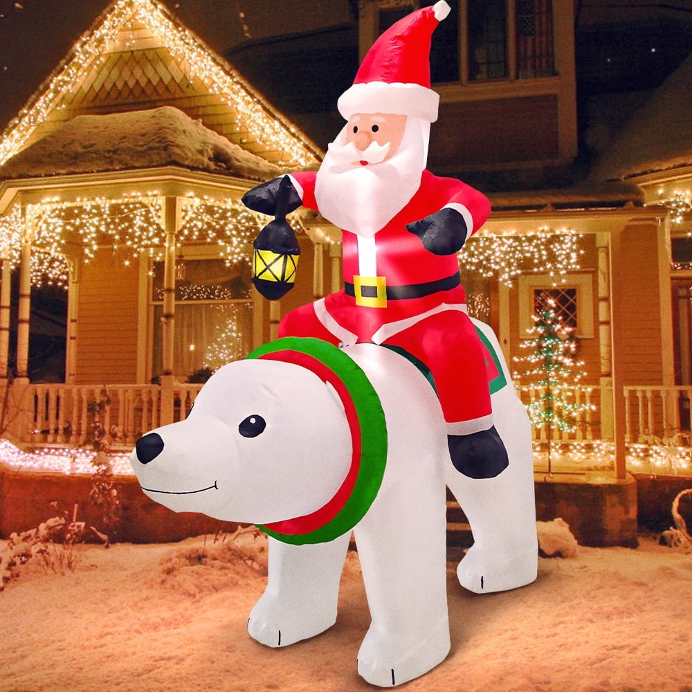 DeeKom 6 Ft Christmas Inflatable Outdoor Decorations, Xmas Blow Up Santa Claus on Bear, LED Lights
