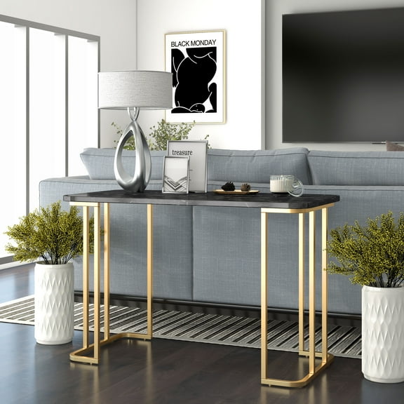 Deeanne Faux Marble Top Console Table, Gold and Black