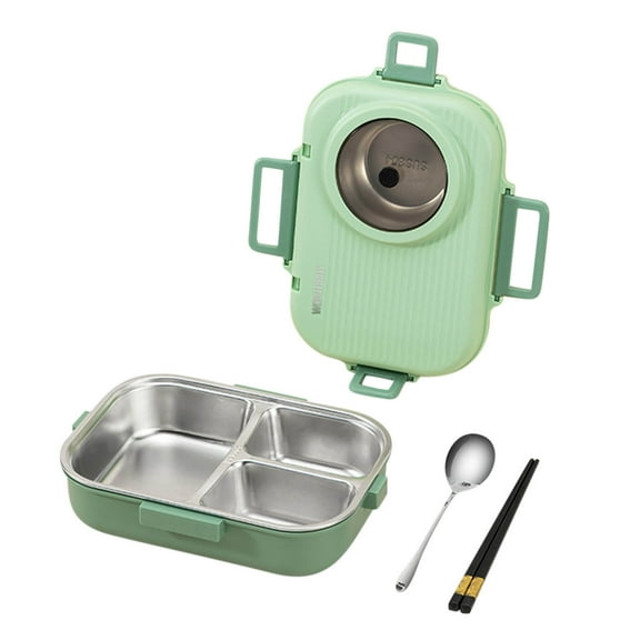 Deeceymbur 1400Ml Insulated Lunch Box, Portable Double-Layer Bento Box with 4 Compartments, Soup Bowl, and Cutlery Included, Leak-Proof Food Containers Green