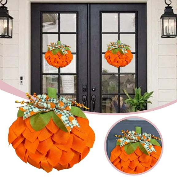 Deeceymbur 15.74 Inch Pumpkin Wreath With Decorative Bows and Berries, Fall Front Door Garland for Halloween, Thanksgiving, and Christmas, Nice Porch and Wall Decor Orange
