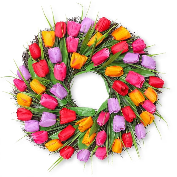 Deeceymbur 17.72in Easter Artificial Tulips Wreath Door Knocker Home Decoration Multicolor Faux Floral Arrangement Large Festive Display