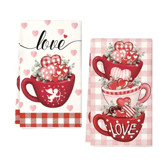 Deeceymbur 2-Pack Kitchen Towels Valentines Day Set Absorbent Dish Drying Cloths Tea Towels for Cooking Baking Cleaning and Home Use