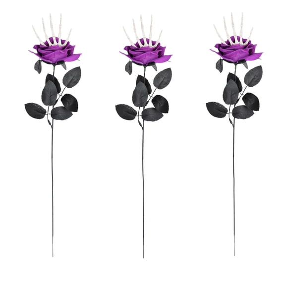 Deeceymbur 3 Pcs Skull Hand Artificial Roses Halloween Decorations Silk Flowers with Metal Wire Stems for Party Centerpieces 3.54x19.29in