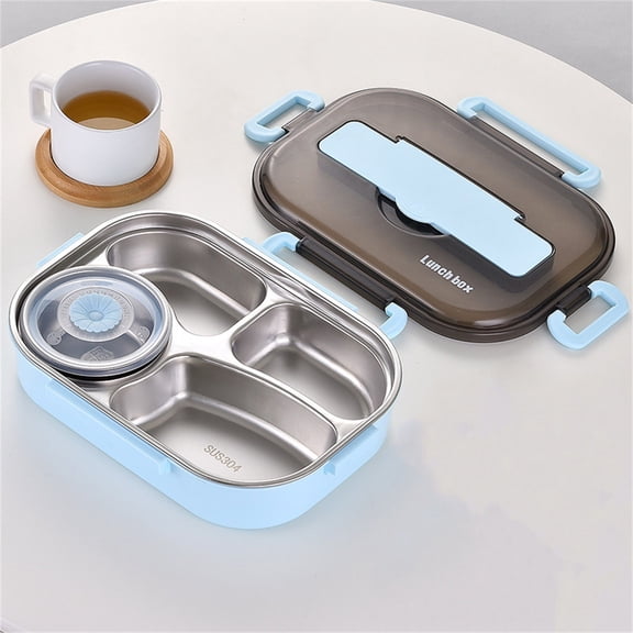 Deeceymbur 304 Stainless Steel Fast Food Bento Box, Sectional 4-Compartment Meal Box with Soup Bowl, Leak-Proof Food Containers Blue
