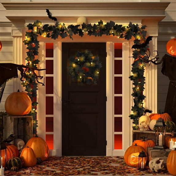 Deeceymbur 69 Inch Black Maple Leaves Garland with Warm LED Lights Cloth Material for Halloween Thanksgiving Decor