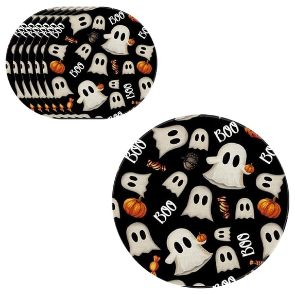 Deeceymbur 6Pcs Halloween Round Placemats Pumpkin Ghost Print Reusable Fabric Mats Non-Slip Dinner Table Party Tabletop Home Decor