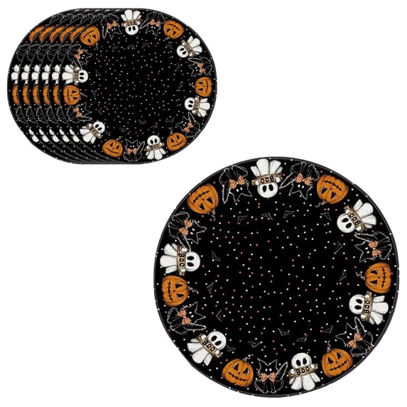 Deeceymbur 6Pcs Halloween Round Placemats Pumpkin Ghost Print Reusable Fabric Mats Non-Slip Dinner Table Party Tabletop Home Decor