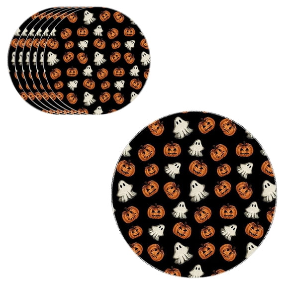 Deeceymbur 6Pcs Halloween Round Placemats Pumpkin Ghost Print Reusable Fabric Mats Non-Slip Dinner Table Party Tabletop Home Decor