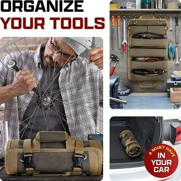 Deeceymbur Bag Tool Organizer, Small Tool Bag with Detachable Pouch, Heavy Duty Roll Up Tool Bag Organizer, for Tool Storage for Mechanics and DIY Enthusiasts Brown
