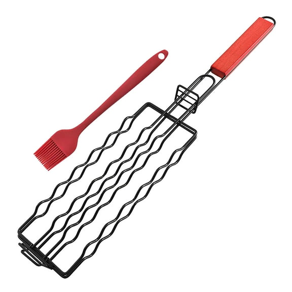 Deeceymbur Bbq Stainless Steel Grill Set - Nice for Hot Dogs, Sausages, and Fish, Non-Stick Sausage Grill Basket with Fish Clips, Ideal for Outdoor and Indoor Grilling Adventures Red