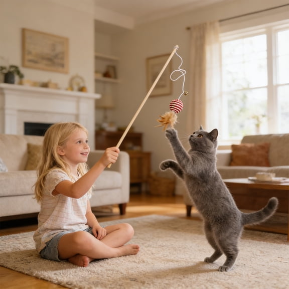Deeceymbur Cat W Interactive Teaser Feathers Bells Wooden STick Held Exercise Tool for Indoor Cats Durable Fishing Pole for Play Bonding