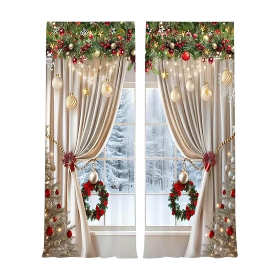 Deeceymbur Christmas Curtain Rod Through Champagne Ball Wreath Print Outdoor Polyester Decorative Window