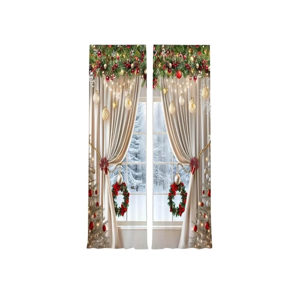 Deeceymbur Christmas Curtain Rod Through Champagne Ball Wreath Print Outdoor Polyester Decorative Window