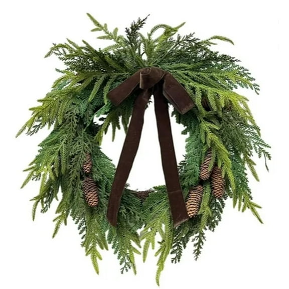 Deeceymbur Christmas Pine Cones Velvet Bow Cedar Branch Wreath for Front Door Wall Holiday Decor