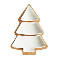 Deeceymbur Christmas Tree Shaped Ceramic Tray for Dried Fruit Snack Serving Holiday Tableware Wooden Base