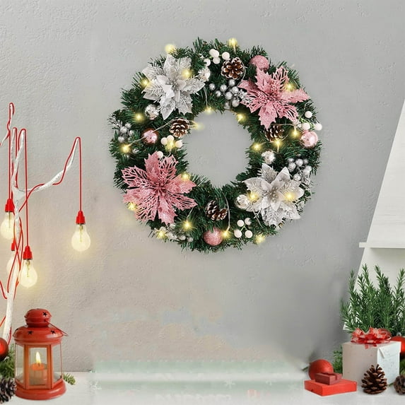 Deeceymbur Christmas Wreath 11.81in LED Pink Silver Flower Pinecone Decor Door Hanging