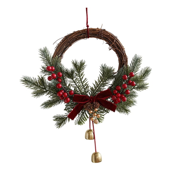 Deeceymbur Christmas Wreath Rattan Garland with Bells Bow Red Berries Pine Cones Front Door Hanging Decoration Wall Window Ornament Holiday Decor