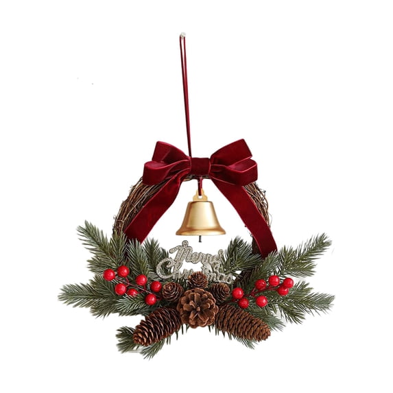 Deeceymbur Christmas Wreath Rattan Garland with Bells Bow Red Berries Pine Cones Front Door Hanging Decoration Wall Window Ornament Holiday Decor
