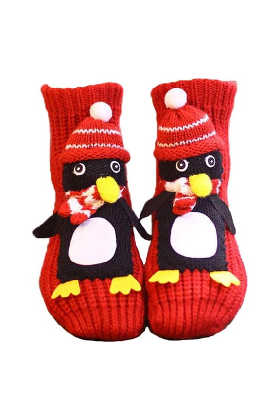 Cute Animal Socks Penguin Design Hand Crocheted Knit Socks for Women Winter Warm Floor Socks Gift
