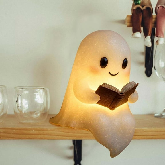 Deeceymbur Cute Ghost Reading Book Lamp 6inch Halloween Light Up Statue Night Light Home Decor