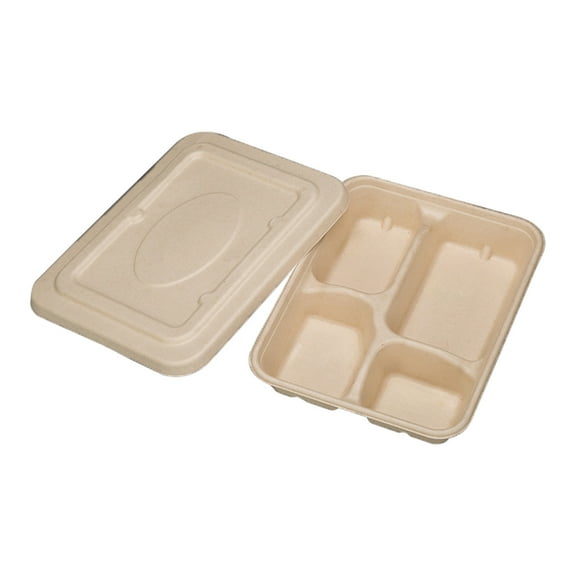 Deeceymbur Disposable Four-Compartment Lunch Box, Pulp Compartment Lunch Box, Environmentally Friend and Pollution- , with Lid, Food-Safe Materials Beigo