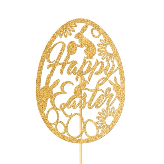 Deeceymbur Easter Gold Paper Cake Flag Inserts Alphabet Egg Designs for Party Dessert Decorations Holiday Celebration Cake Topper Set