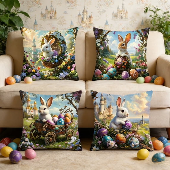 Deeceymbur Easter Pillow Covers 4 Pack Rabbits Eggs Pattern Decorative Throw Cases for Sofa Couch Home Decor Living Room Bedroom Holiday Accent Square
