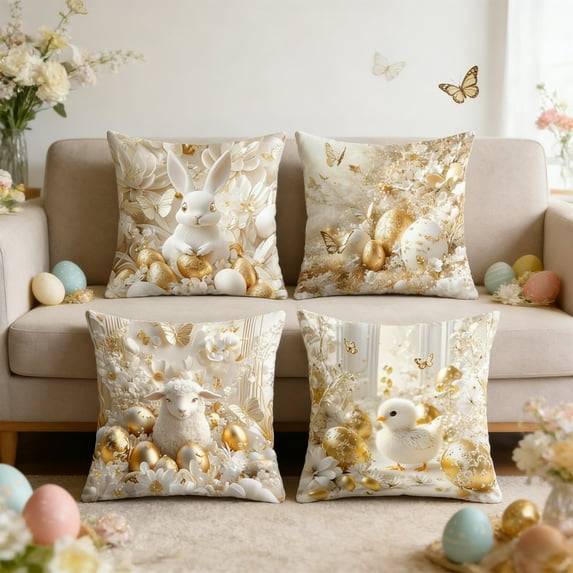 Deeceymbur Easter Pillow Covers 4 Pack Rabbits Eggs Pattern Decorative Throw Cases for Sofa Couch Home Decor Living Room Bedroom Holiday Accent Square