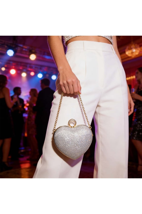 Evening Bag Women Sparkling Beaded Heart Shape Clutch Purse Chain Wedding Party Prom Formal Event Night Out Dressy Accessory