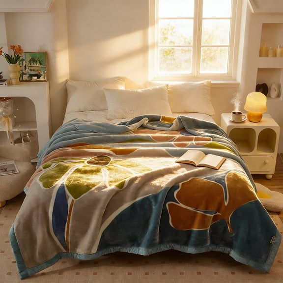 Deeceymbur Floral Print Double Layer Thick Raschel Blanket Plush Throw for Bed Sofa Winter Warm
