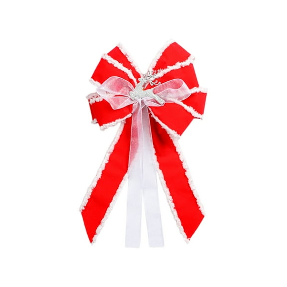 Deeceymbur Fluffy Bow Knot Christmas Tree Decoration Gift Wrap Ribbon Accessory with Elk Ornament Red White Fringe Holiday Decor