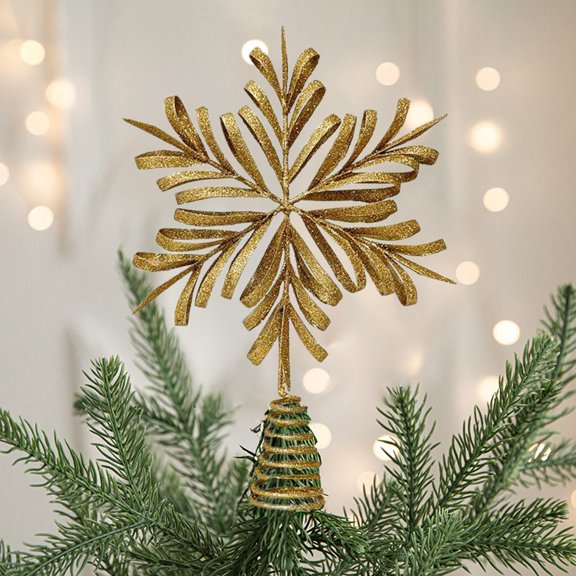 Deeceymbur Golden Iron Star Snowflake Christmas Tree Topper with Sequins Spring Base Holiday Party Home Decor