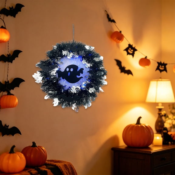 Deeceymbur Halloween Wreath With Lights Lit Waterproof Black Grapevine Ghost Decor Battery Operated Timer Front Door