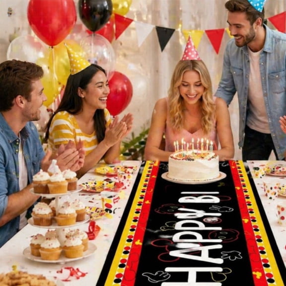 Deeceymbur Happy Birthday Themed Table Runner Linen Tablecloth for Kids Party Dining Photo Decoration