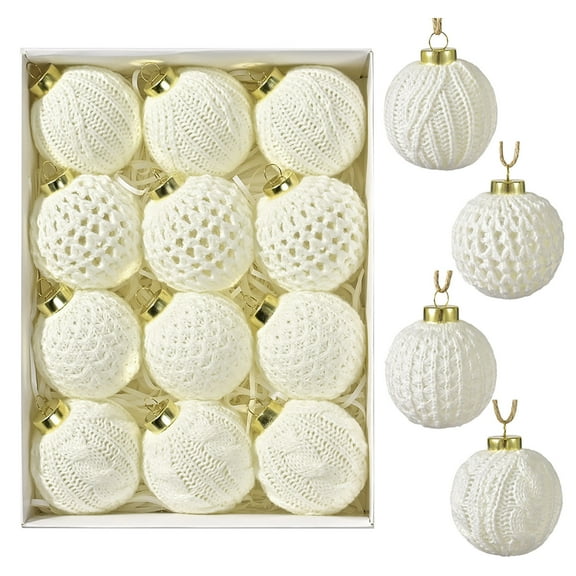 Deeceymbur Knit Texture Christmas Baubles Set Cream White Tree Ornaments 12 Piece 7cm with Gold Hangers Elegant Holiday Decorations for Festive Home Christmas Tree