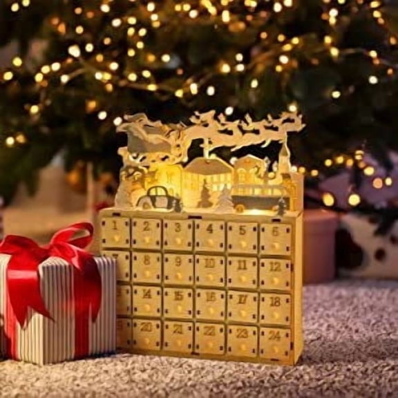 Deeceymbur LED Light Up Advent Calendar Wooden Christmas Countdown Decoration Holiday Festive Desktop Ornament for Home Gifts
