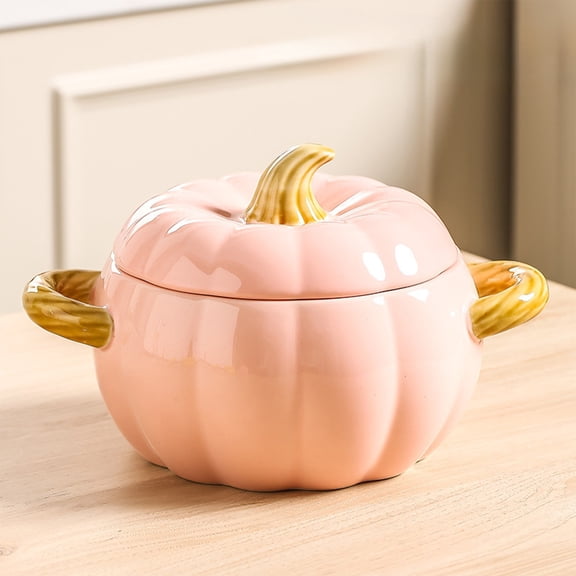 Deeceymbur Large Pumpkin Ceramic Soup Bowl with Lid Two Handles Creative Lard Container Anti Scald Noodle Bowl Thanksgiving Tableware Decor