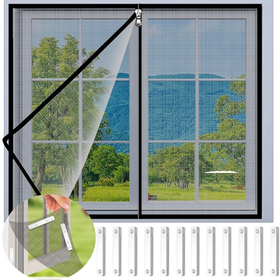 Deeceymbur Magnetic Window Screen – Adjustable DIY Mosquito Net with 12 Strong Magnets Fastener Stainless Steel Fine Mesh Screen With Zipper Window Screens Mesh for House Windows (Max 39”x47”)